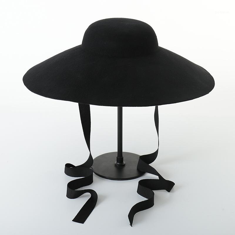

The new British retro dome big brim strap wool top hat autumn and winter fashion felt stage style top hat1, Black