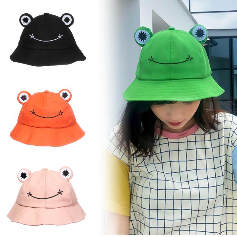 

Wide Brim Hats Polyester Frog Big Eyes Bucket Cartoon Sun Hat Outdoor Vacation Women Girls Fashion Fishing Cap 2021 Trendy, Black
