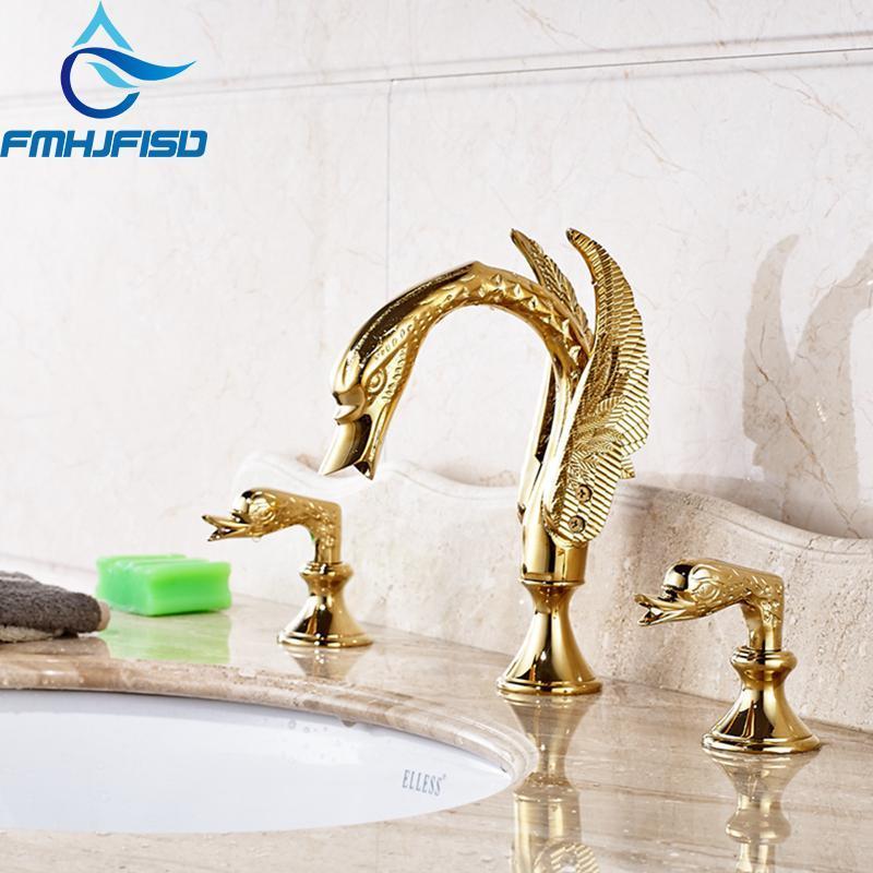 

Luxury Golden Brass Swan Faucet Widespread 3 Holes 2 Handles Vanity Sink Mixer1