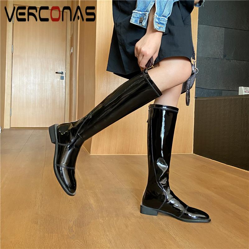 

VERCONAS Fashion Concise Mixed Colors Knee-High Boots For Women Low Heels Shoes Woman Patent Leather Back Zipper New Long Boots, Brownd