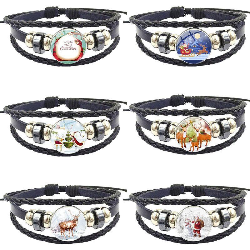 

Fat Santa Claus Christmas Deer For Schoolgirl Maxi Jewelry Black Leather Bracelet Bangle Jewelry Crystal Gift1