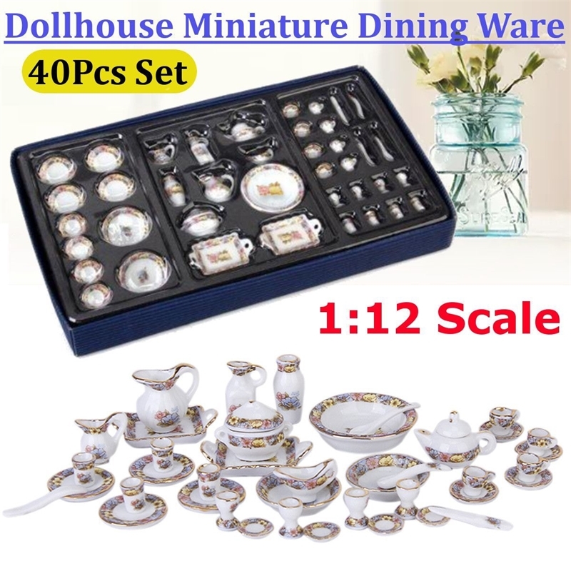 

40Pcs Dollhouse Miniature Dining Ware Porcelain Tea Set Dish Cup Bowl Plate Furniture Toy Gift Colorful Floral Print Table Decor Y200428