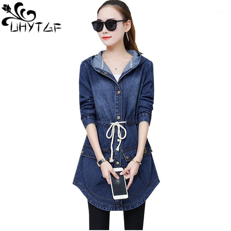 

UHYTGF Women Jackets and Coats Spring Plus size Jeans Jacket Women Harajuku lacing Coat Fashion Hooded Denim Jacket Ladies 5471, Denim blue