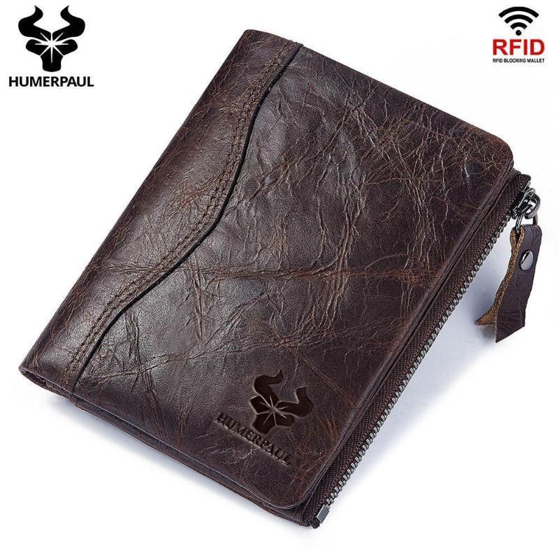 

Blocking Wallet Top Layer Cowhide Unisex Purse Male Cards Holder Female Zipper Coin Wallet High Quality Short1, Blue