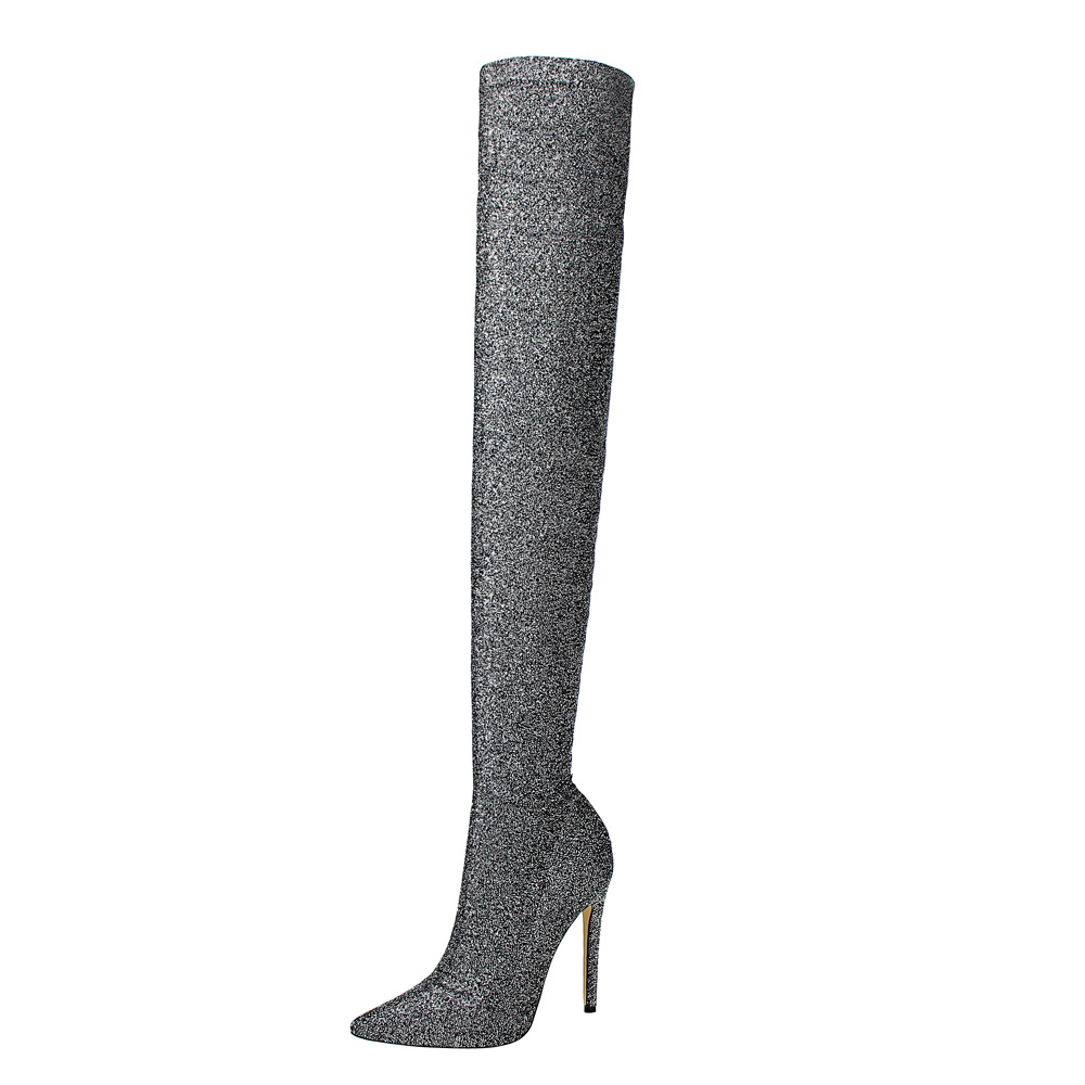 

Meriahzheng Fashion Ultra-High Heel Pointed Sequined Cloth Shiny Nightclub Sexy Slimming Over-the-Knee Boots DS-125-2, Black