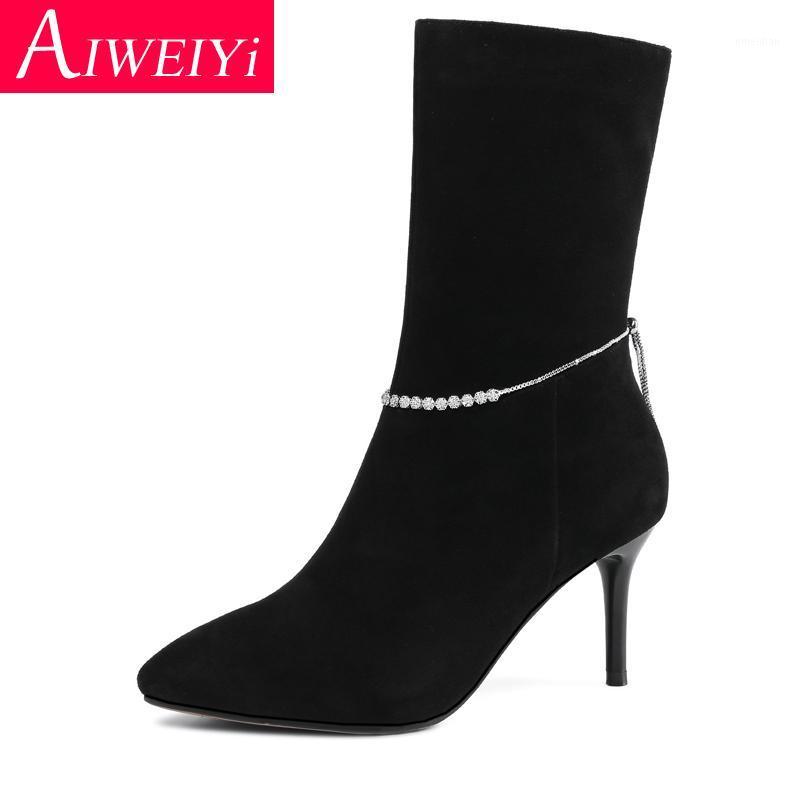 

Woman Ankle Boots Black Rhinestone Chains Platform Shoes Autumn Winter Cow Suede Leather Ladies Black Shoes Stiletto Heels1, Plusi inside