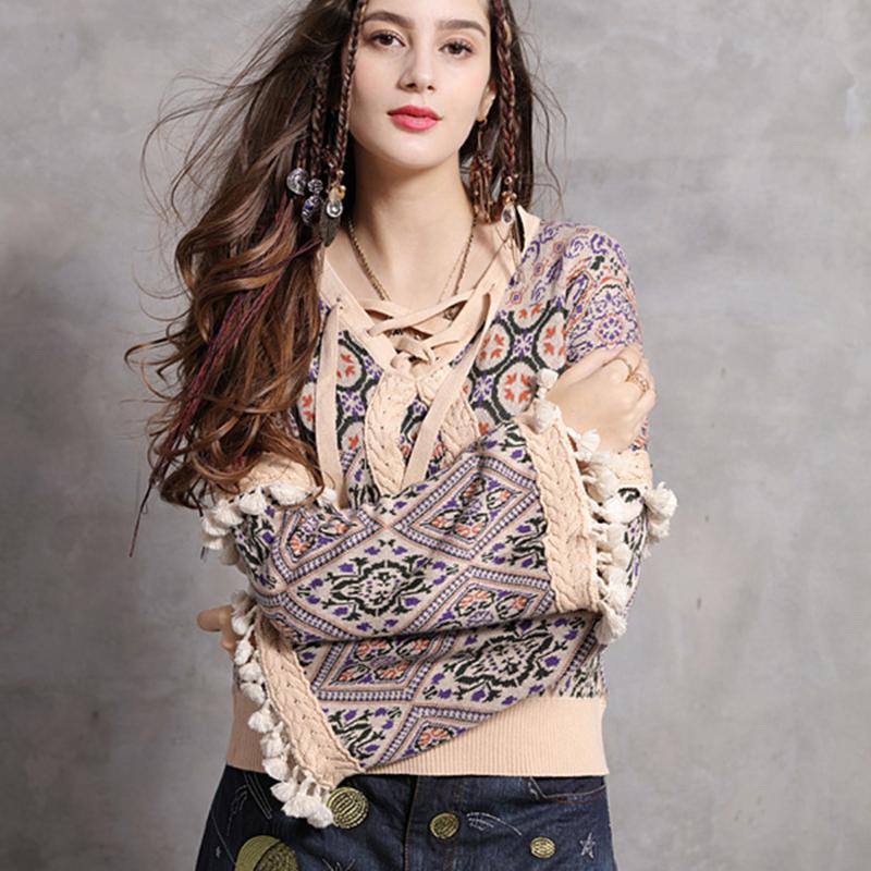 

OLOEY flare long sleeve pullover for women boho sweaters Autumn winter warm sweater chic tassel 2021 NEW Ethnic knit sweaters, Beige