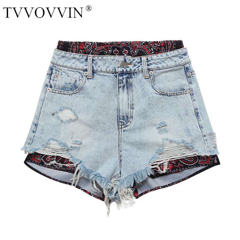 

TVVOVVIN 2020 Summer New Jeans Short Patchwork Button Pocket Elastic band Casual Hollow Out Sexy Tassel Vintage Patchwork A414, Light blue