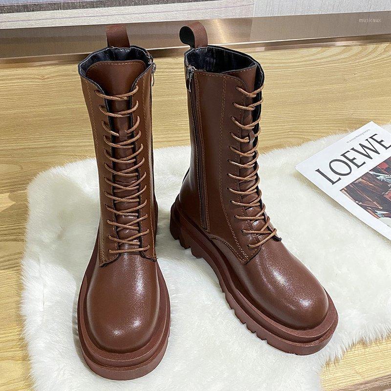 

Rimocy Vintage PU Leather Motorcycle Boots Women Winter Warm Short Plush Square Heel Mid Boots Non-Slip Chunky Platform Shoes1, Brown low top