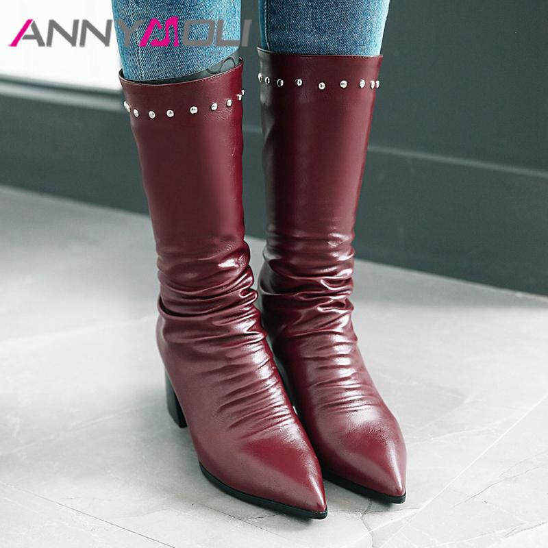 

ANNYMOLI Women Western Boots Mid Calf Boots Shoes Winter Pleated Ladies Rivets Square High Heel Zip AutumnWomen Footwear, Black