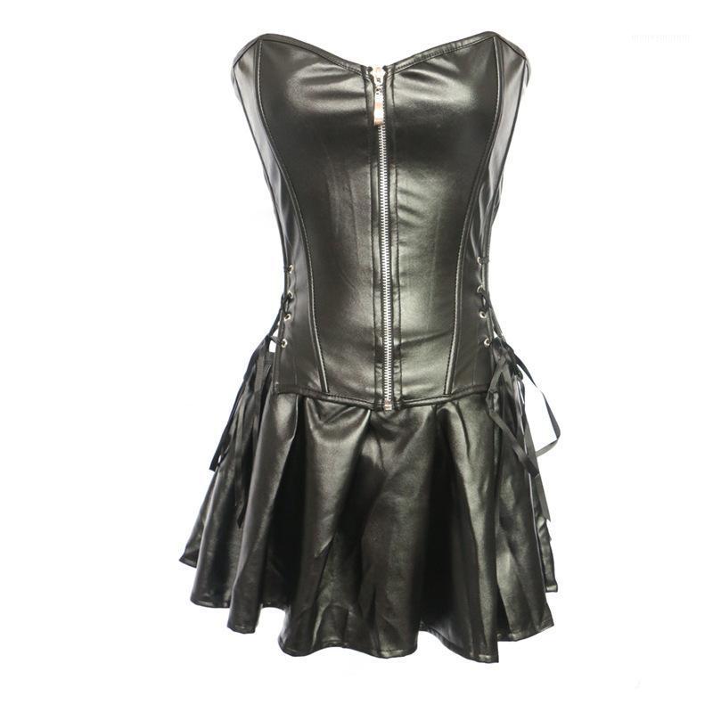

6XL Popular Espartilho Hollow Out Intimates Bustiers Sexy Lingerie Black Faux Leather Basque Corsets Bustier Skirt Clubwear1