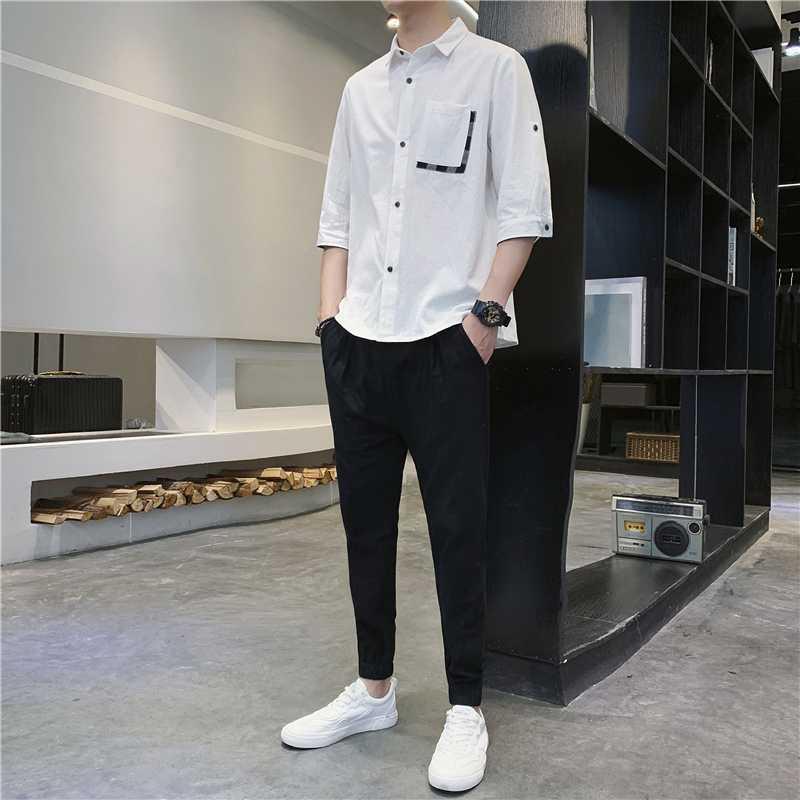 

M-3XL Pocket Front Party Suits Man 3/4 Sleeve Clothing Classic Chinese Style Summer Pants And Shirts Set Men Casual Clothes XXXL, Black tracksuit men