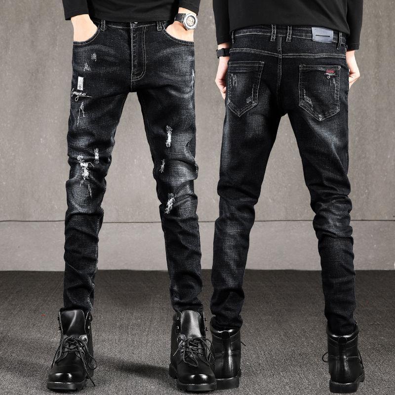 

Autumn and Winter Ripped Thick Stretch Jeans Men's Korean Slim Ankle-Tied Jeans Men's Trousers Ripped for Men Punk Clothes, 2080 black