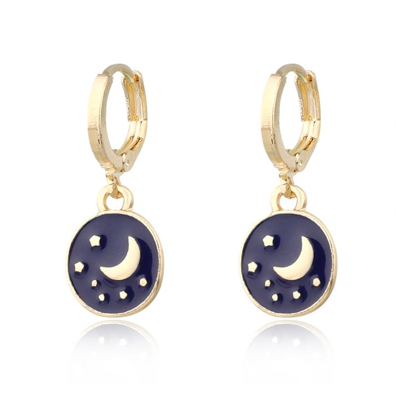 

1Pair Korea Blue Starry Sky Moon Sun Hoop Earrings For Women Men Vintage Round Circle Ear Hoop Fashion Ear Jewelry E499