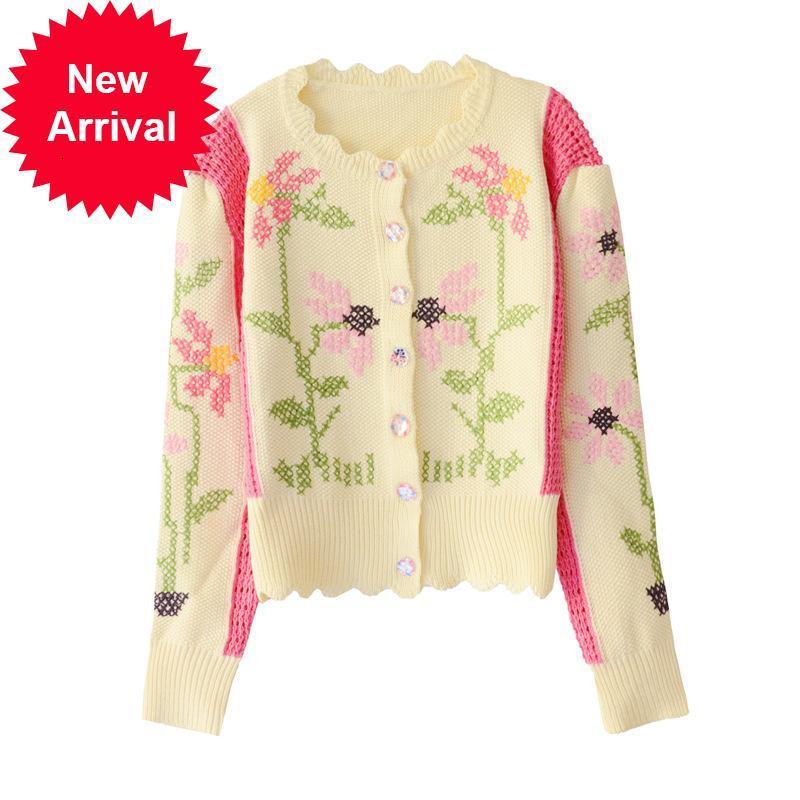 

Autumn 2021 New Floral Fashion Cardigan Sweater Contrast Color Amendment Female Temperament Long Sleeve Knitted Coat Tops 73KP, Beige