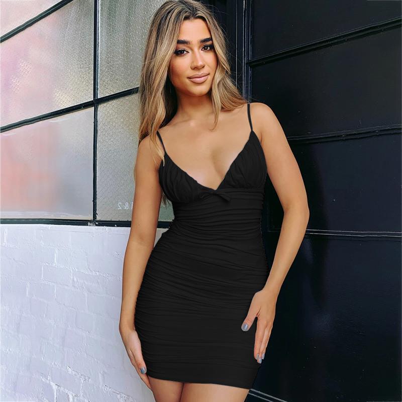 

Summer Women Casual sexy Sling Backless Mini Dress Lady Party Bodycon Dress Spaghetti straps V Neck Slim Ruched Vestidos Clothes, Black