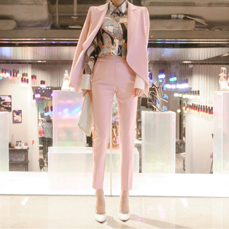 

2021 New Spring Women Suits Small Slim Pants Jacket 2 Pieces Female Wear to Business Two-piece Suit Set 66dz, Pink