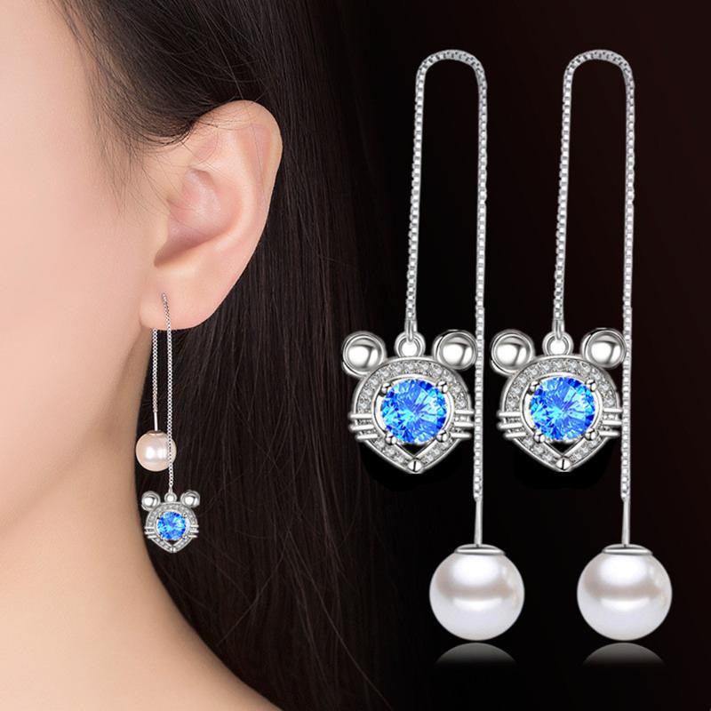 

925 Sterling Silver New Women's Fashion Jewelry Ear Lines High Quality Crystal Zircon Pearl Long Tassel Mouse Earrings