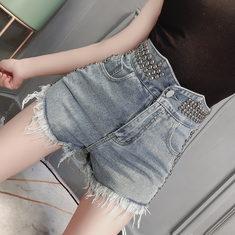 

2021 New Denim shorts women's new high-waisted slim all-match heavy industry hot F42J, Blue