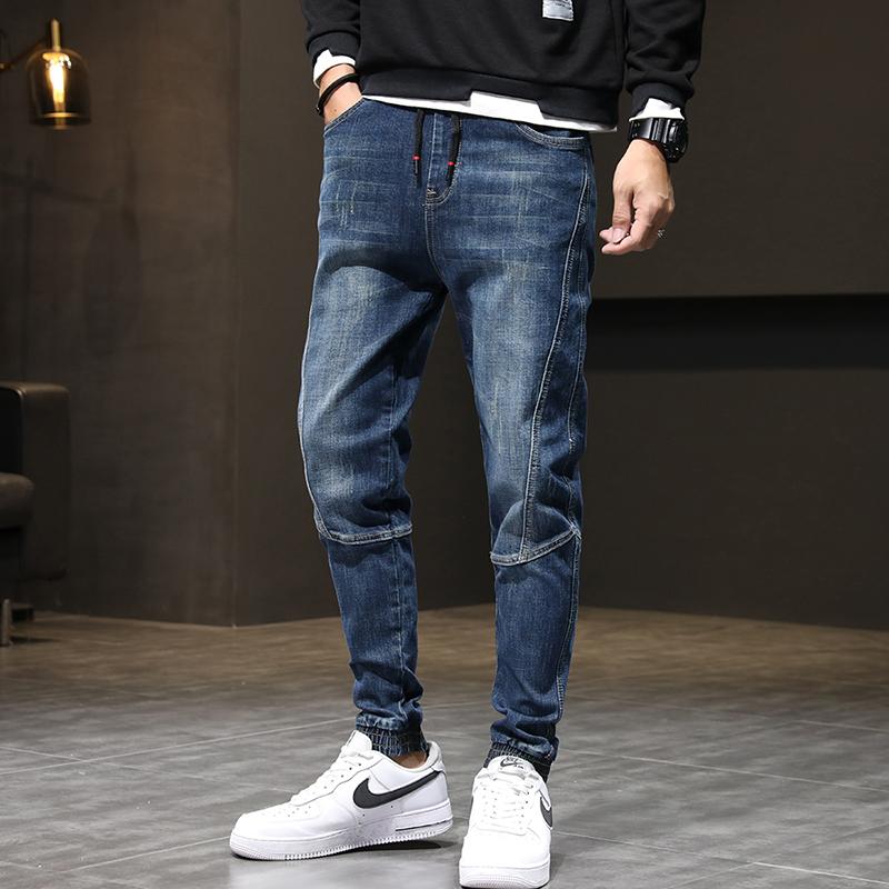 

Jogging Pants Elastic Waist Drawstring Jeans for Man Blue Relaxed Tapered Men's Fashion Trousers Men Oversized Pant Jean 42