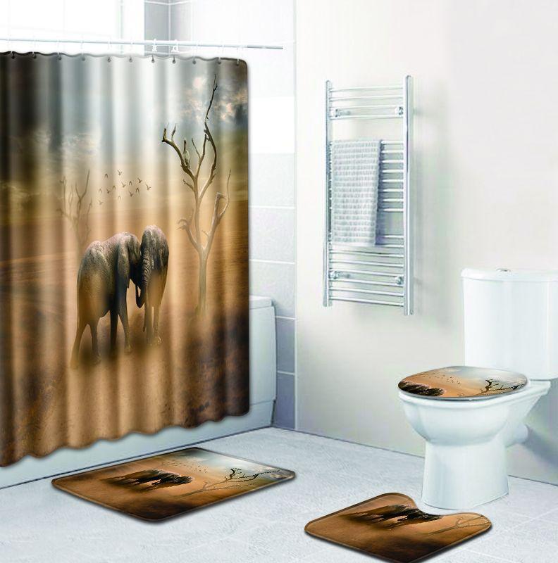 

elephant printed Polyester Shower Curtain Bathroom Waterproof with 10 Hooks Pedestal Rug Lid Toilet Cover Bath Mat Set, W180813-d003