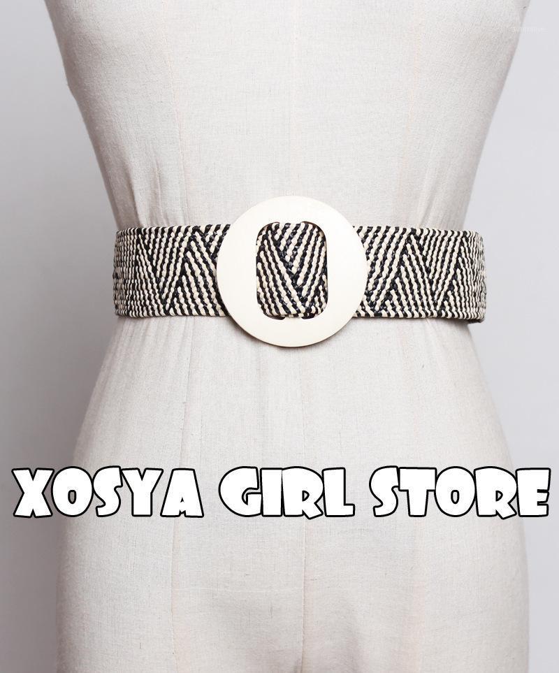 

Wooden Buckle Dress Belt For Women Casual Female Braided Wide Strap Female Designer Woven Girls Elastic PP Straw Belts 2411, Black