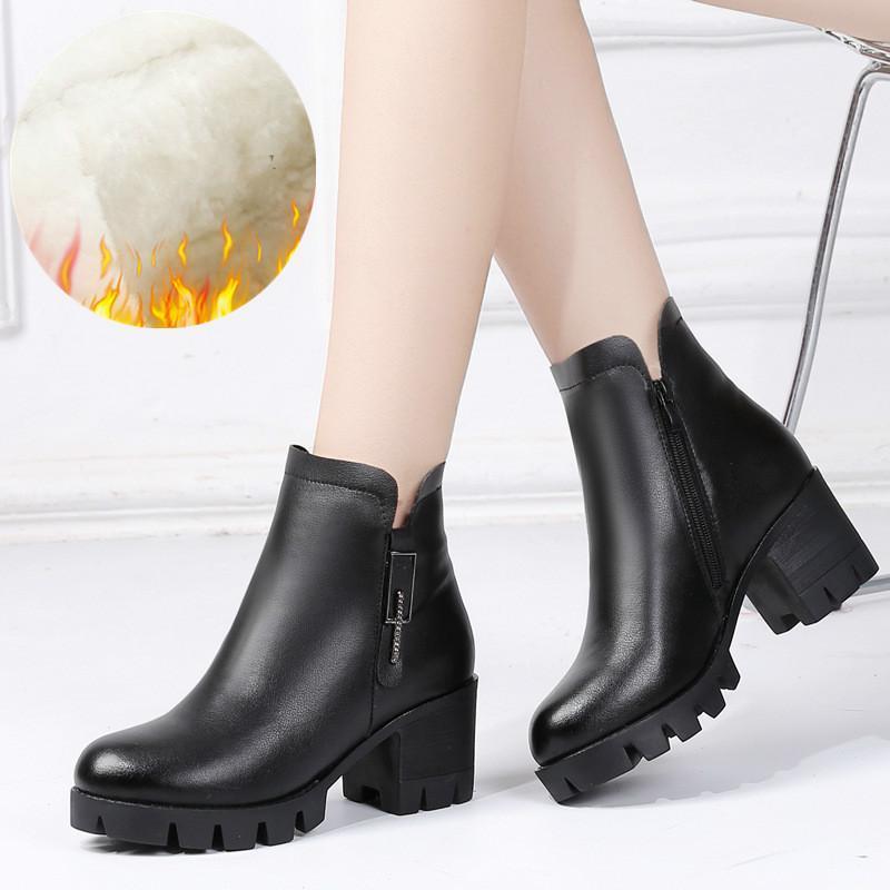 

YourSeason New 2021 Winter Thick Warm Wool Shoes Round Toe Handmade Casual Ankle Ladies Zip Platform Boots Genuine Leather1, Black