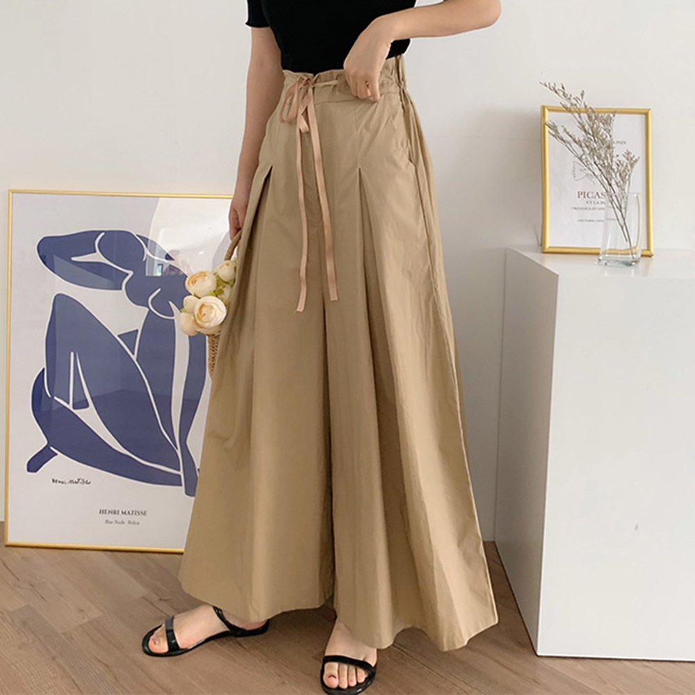 

2021 New Women Wide Leg Culottes Elastic High Waist Trousers Loose Daily Fashion Elegant Lady Females Pants 26ME, Brown