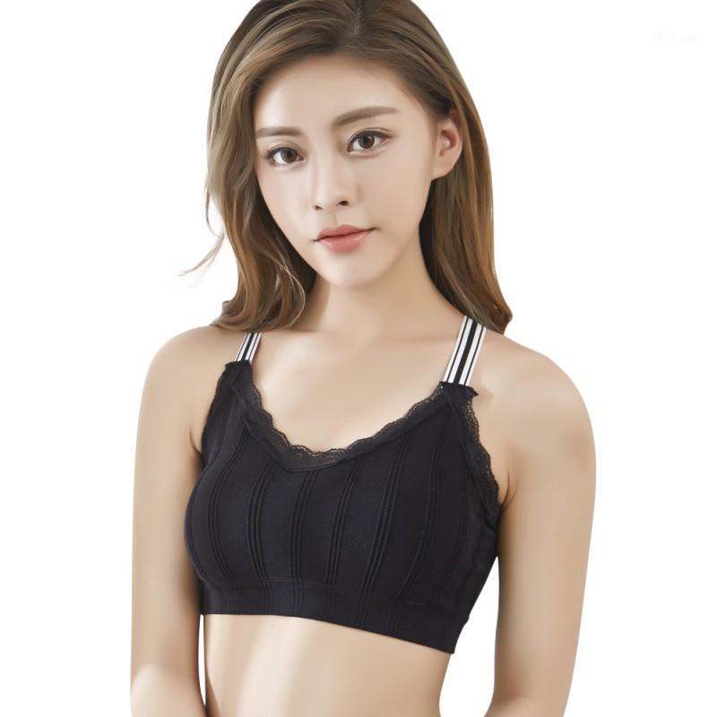 

Women Stripes Wrapped Chest Bra Letters Straps Back Stripes Comfortable Breathable Sports Bra Seamless Vest 20201, Black