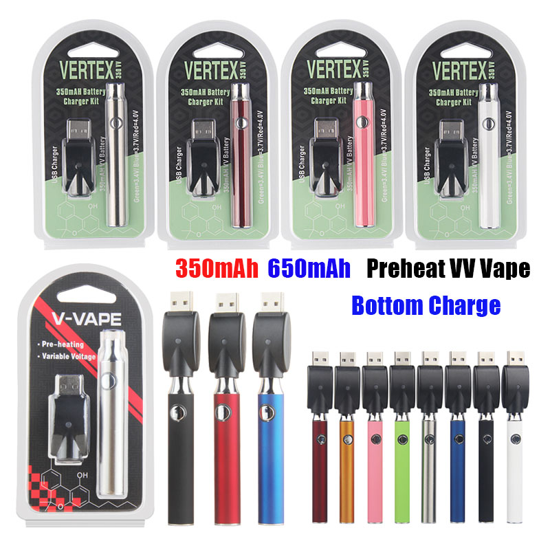 

510 Thread Evod Preheat Variable Voltage Vape Cartridge Battery Blister Kit 350 650 mAh LO Preheating VV Vapor Pen Bottom Charge Batteries