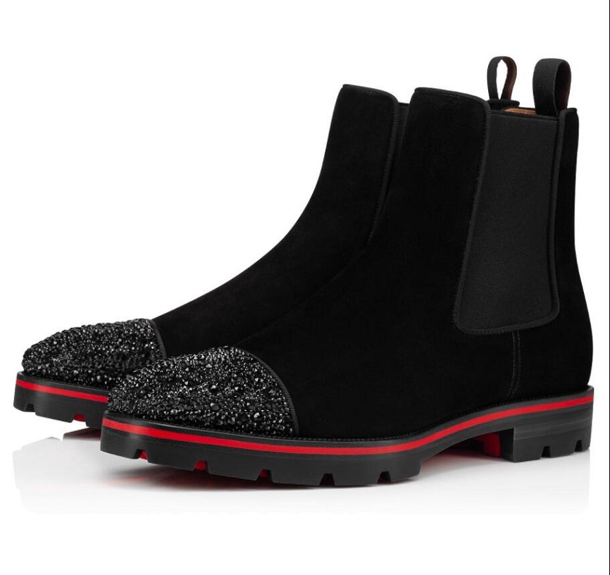 

Winter Fashion Designer Melon Strass Men's Red Bottom Ankle Boot Black Calfskin Leather Booties Lug Sole Motorcycle Boots Men Fashion Booty