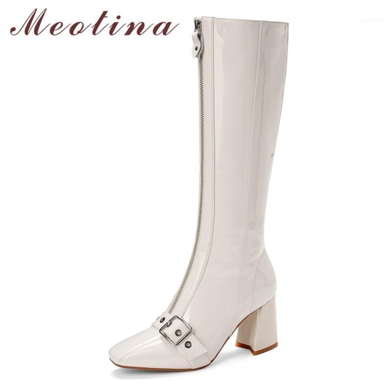 

Meotina Winter Knee High Boots Women Natural Genuine Leather Buckle Thick High Heel Long Boots Zip Square Toe Shoes Lady Size 391, White