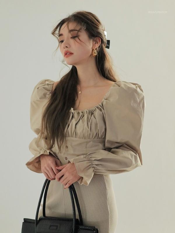 

2020 Real Polyester Cotton O-neck Full Broadcloth Blusas Vadim Korean Spring New Products Japan And South Korea Fold Shirt1, Beige