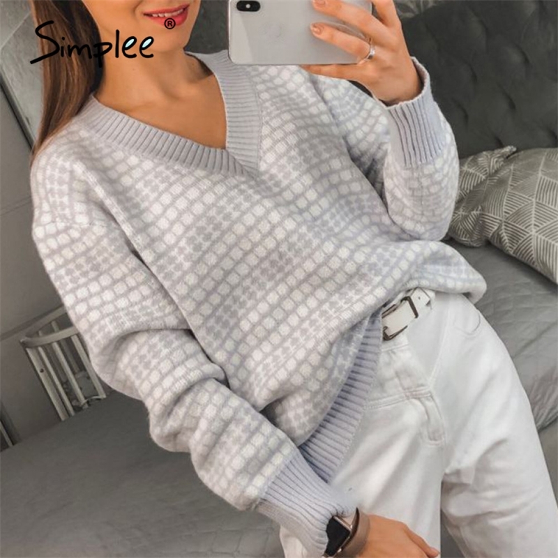 

Simplee Fashion geometric thick sweater V-neck women's autumn winter Pullover Leisure Office lady fashion knitted sweater 201111, Blue grey