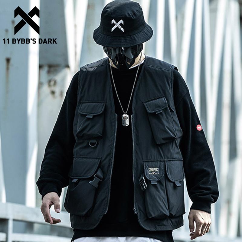 

11 BYBB' DARK Hip Hop Padded Cargo Coats Men Streetwear Multi Pockets Sleeveless Tactical Vest Functional Winter Thick Cotton, Black