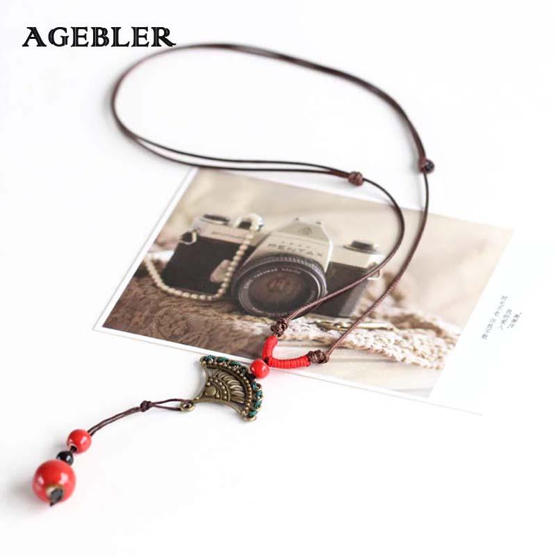 

Unique Ethnic Long Rope Vintage Ceramic Necklace Pendant Bronze Creative Chain Simple Fashion Boho Necklace for Women