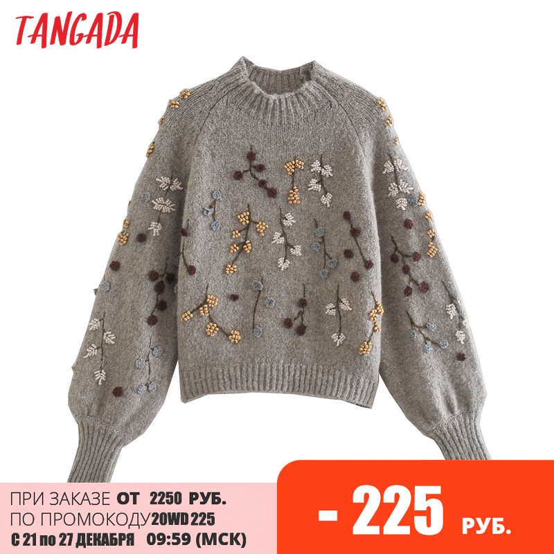 

Tangada Women Beading Flowers Turtlene Sweater Jumper Female Elegant Oversize Pullovers Chic Tops 3L68, Gray