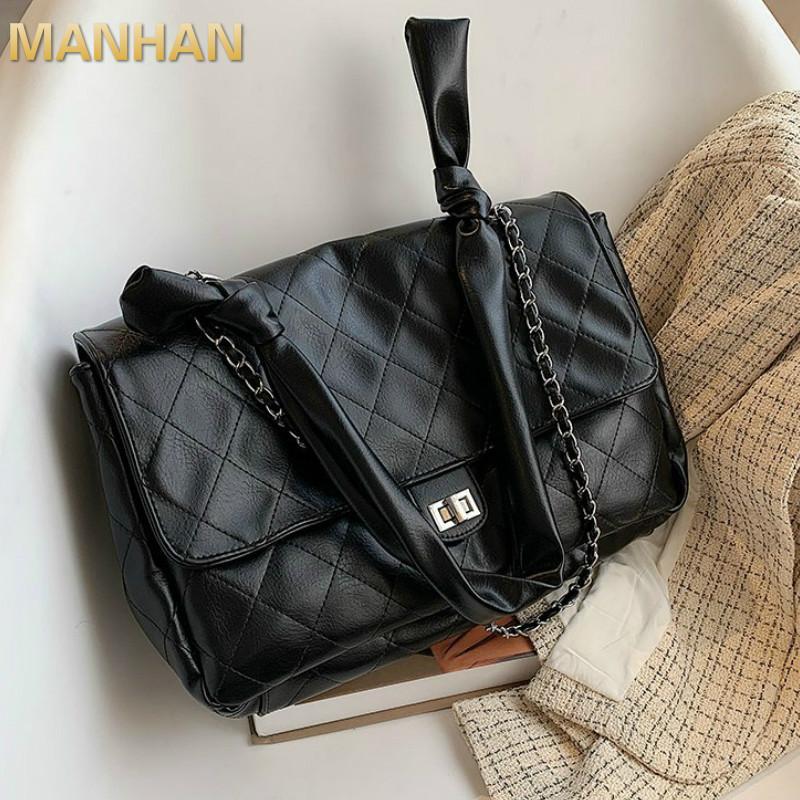 

MANHAN Winter Black Quilted Retro Large-Capacity Bag Women's Bag 2021 New Style Fashion All-Match Simple Shoulder Tote
