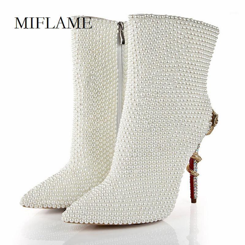 

Fashion Pearl Studded Ankle Boots Woman Metal Snakelike Decoration Rhinestone Stiletto Shoes Pointed Toe Zipper Wedding Boots1, White