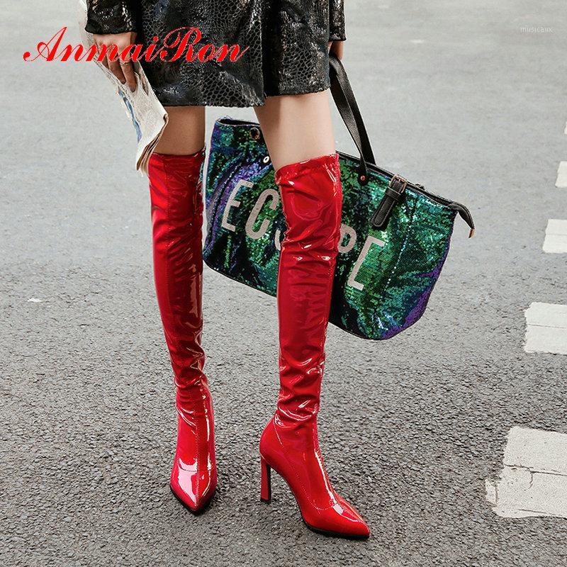 

ANMAIRON 2020 Fashion Women Boots Slip-On PU Thigh High Boots Stretch Fabric Over The Knee Thin Heels Shoes Women 34-431, Black