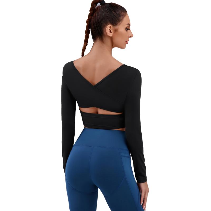 

Women Sexy Yoga Tops Tight Gym Seamless Yoga Shirt Elastic Long Sleeve Fitness Workout Sport T-Shirts Running Top Sportswear, Black