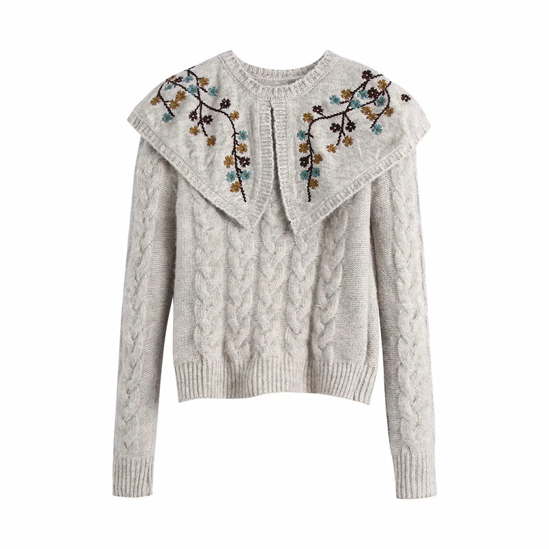 

2021 New Floral Embroidered Knitted Women Grey Long Sleeve Cable Knit Cropped Sweater Woman Winter Pullovers Top Cv2q, Gray