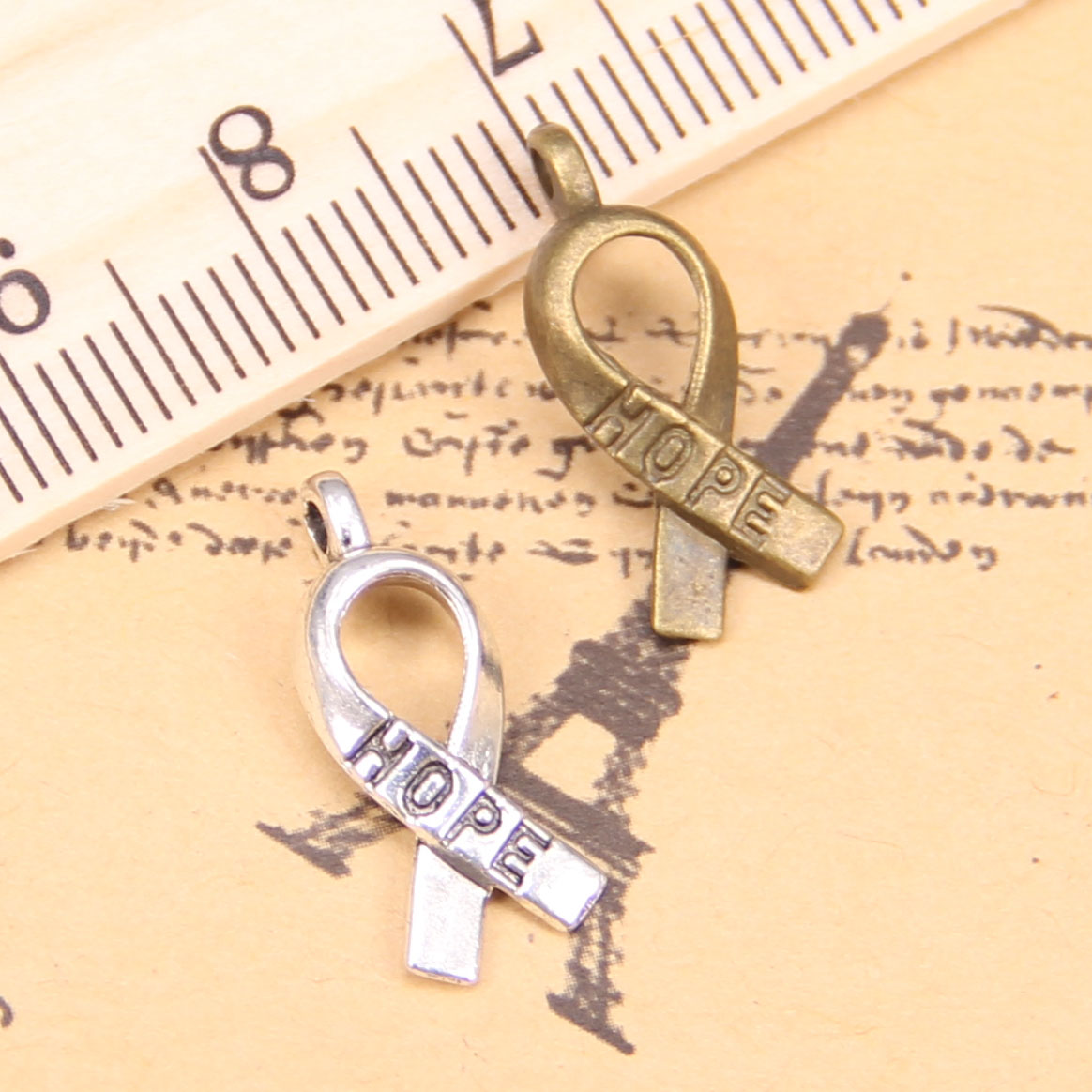 8 Awareness Ribbon Charms Word Charms HOPE Shiny Silver
