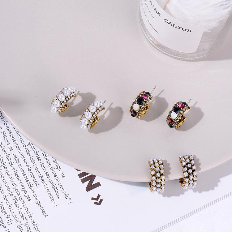

Hoop & Huggie Doreen Box Vintage Style Colorful Rhinestone Small Stud Earrings Women Fashion Simulated Pearl Jewelry Gift,1 Pair