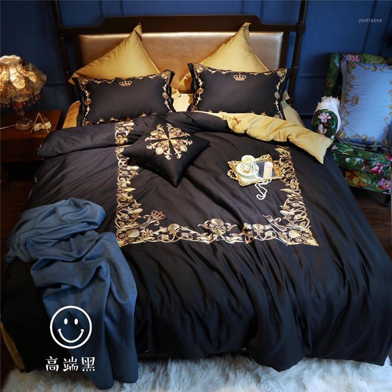 

European Styel black with gold embroidery Bedding set egyptian cotton Duvet cover Bed Sheet/Linen Pillowcases 4/7pcs1