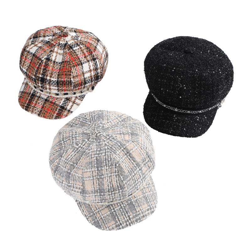 

Auutmn Winter Hats Stripe for Women Retro Beres Sequins Octagonal Newsboy Cap Men Ladies Casual Wool Hat Beret Women Painter Cap