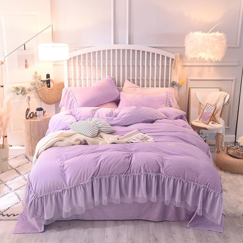 

Solid color flannel Bedding Set king queen size girls Duvet Cover and Pillowcases lace Bed Linen