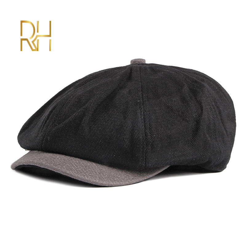 

Spring Autumn Cotton 100% Beret Casual Visor Cap For Men Fashion Vintage Hat Men's Caps Adjustable Flat Berets Newsboy Cap RH, Black