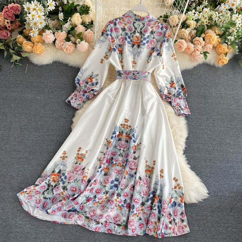 

2021 Dressed As a Female Track New Printed Flower Waistline Sleeves Indie Folk Cover All Long White Dress RJXI