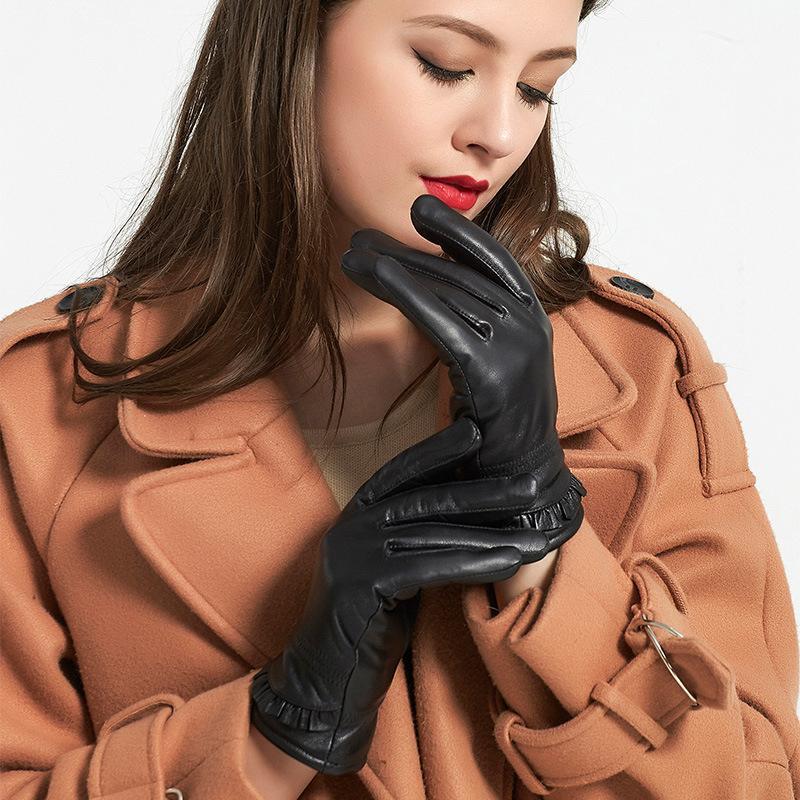 

Autumn and winter ladies leather gloves sheep leather skirt pleated ruffled decorative women's gloves processing1
